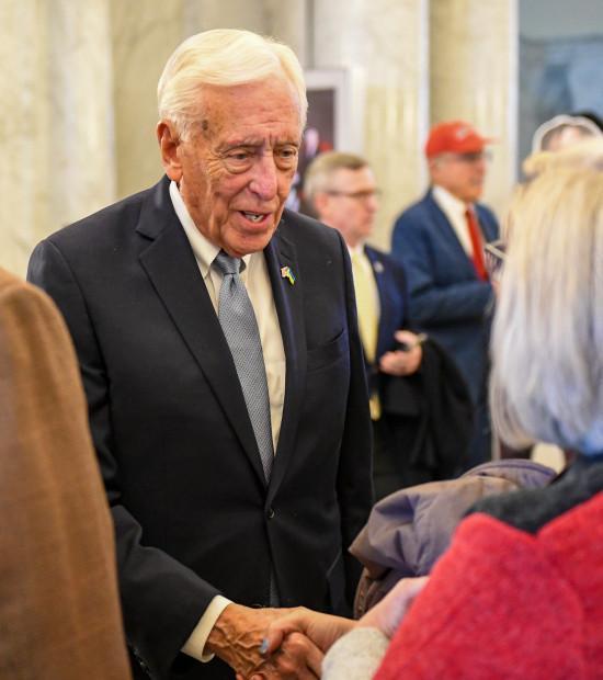 Rep. Steny H. Hoyer (D-Maryland) greets people at the State House in Annapolis, as lawmakers convene for a legislative session in 2025. (Jonathan Newton/For The Washington Post)